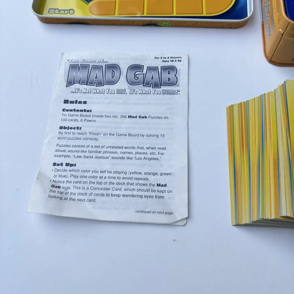 Mad Gab Game Tin COMPLETE Mattel 2004 Travel Party Game Words Humor